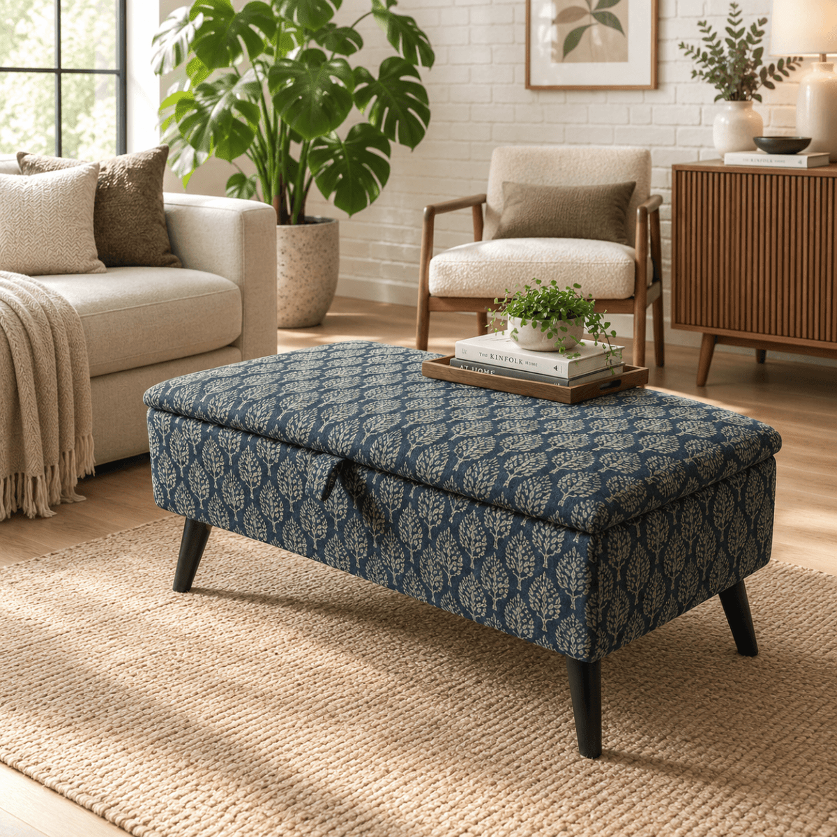 Bespoke Window Seat Cushion Bench – Comfortable Storage Ottoman with Designer Abstract Fabric - ISTOOLS