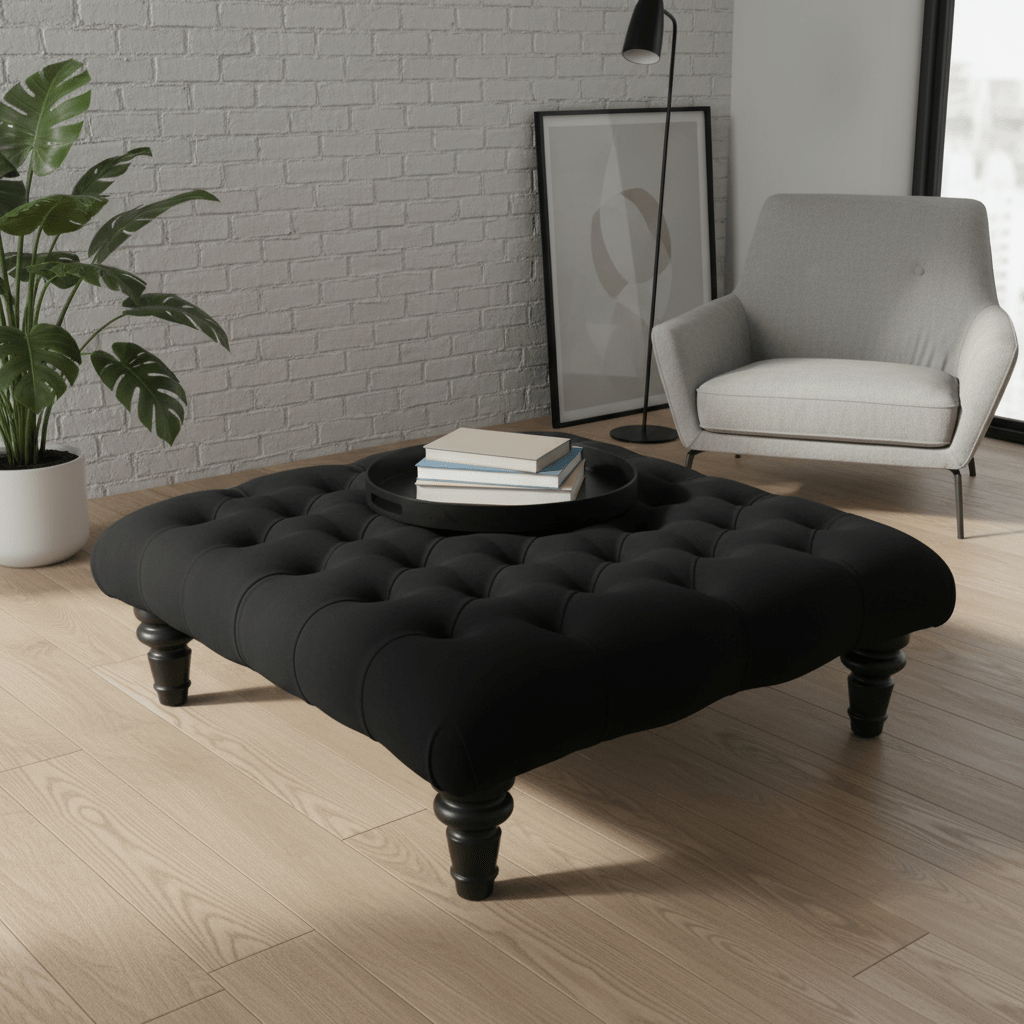 Black Elegant Patterned Square Ottoman Centrepiece UK Craftsmanship - ISTOOLS
