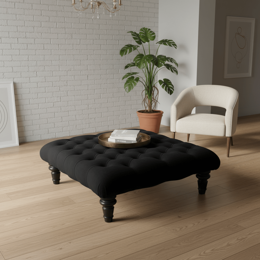 Black Elegant Patterned Square Ottoman Centrepiece UK Craftsmanship - ISTOOLS