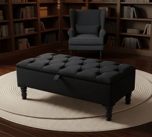 Black velvet storage ottoman coffee table bench with deep storage in living room - ISTOOLS