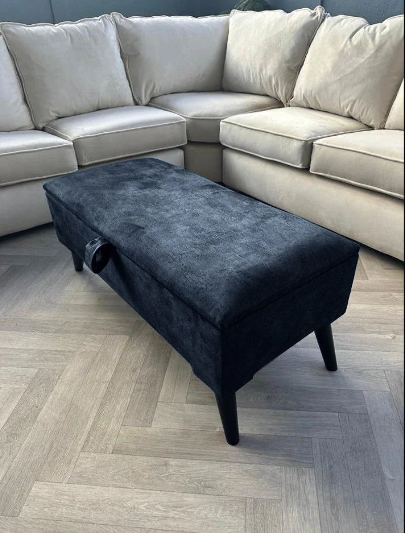 Black Ottoman Plain lid Storage Bench | Black Bedroom Ottoman & pouffe seat - ISTOOLS
