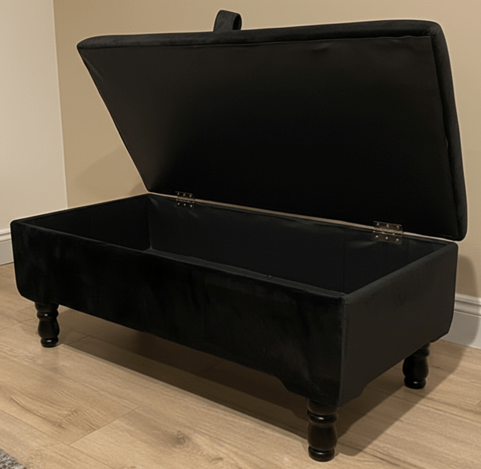 Black Ottoman Plain lid Storage Bench | Black Bedroom Ottoman & pouffe seat - ISTOOLS