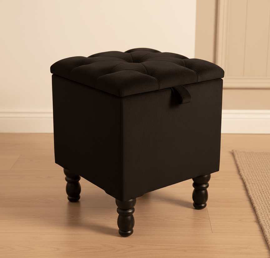 Multi-functional black ottoman with hidden storage compartment open - ISTOOLS