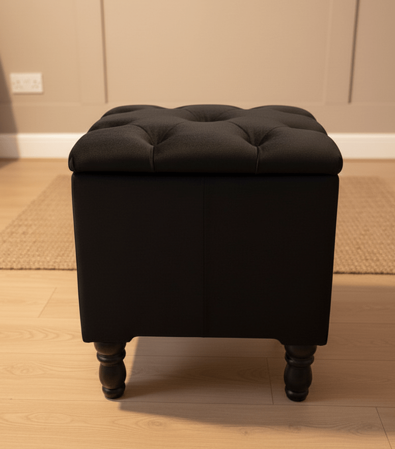 Black velvet ottoman with wooden legs, perfect for apartments - ISTOOLS