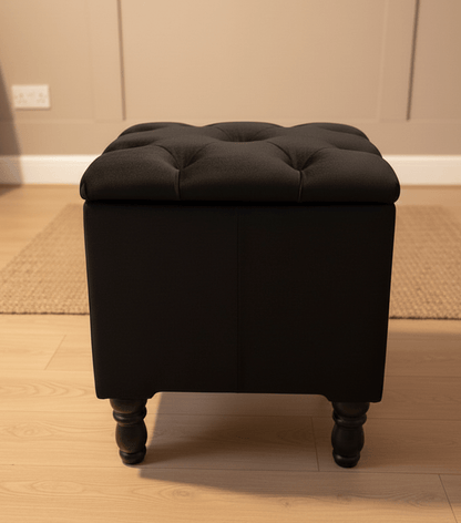 Black velvet ottoman with wooden legs, perfect for apartments - ISTOOLS