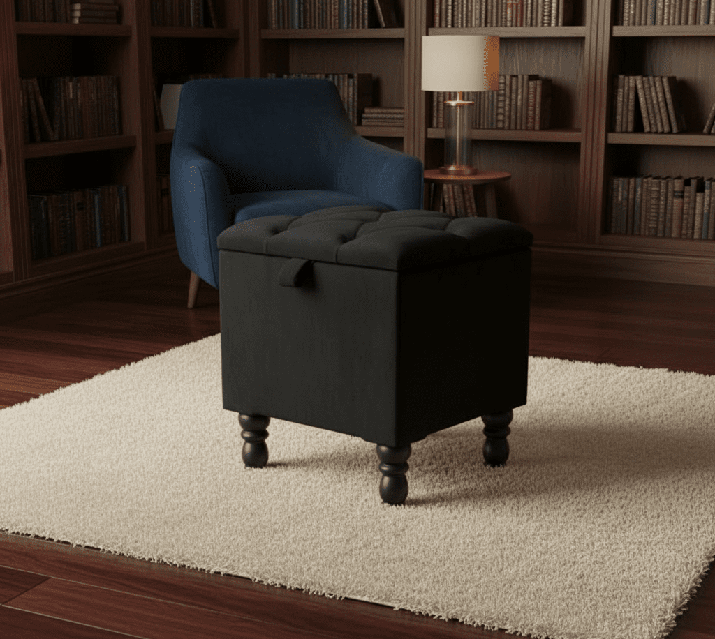 Black small storage ottoman coffee table with plush velvet top for UK homes - ISTOOLS