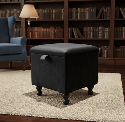 Black small storage ottoman used as coffee table and footstool in modern UK living room - ISTOOLS