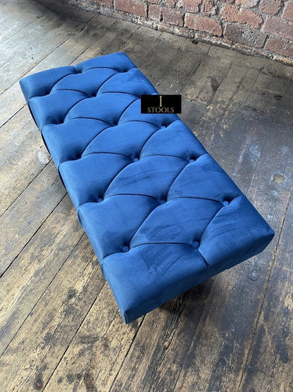 Blue Chesterfield Footstool | Velvet matching Buttoned Coffee Table - ISTOOLS