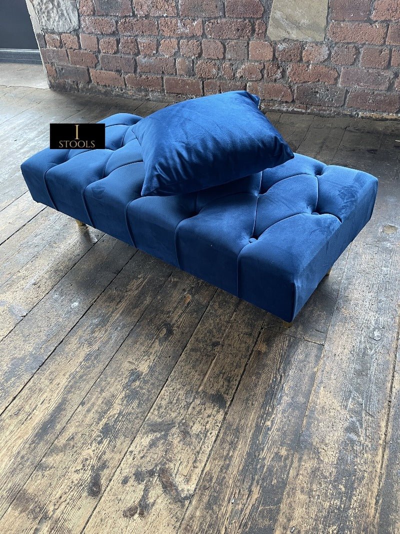 Blue Chesterfield Footstool | Velvet matching Buttoned Coffee Table - ISTOOLS