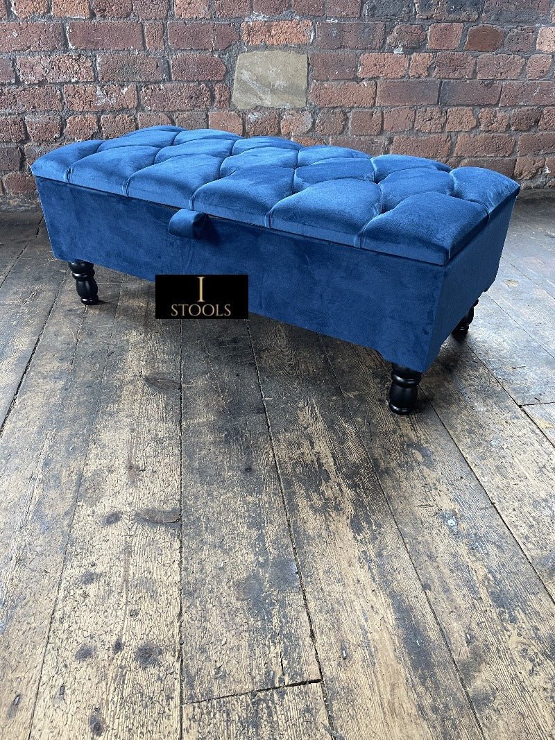 Blue Coffee Table Ottoman Storage Bench | Velvet Blue Chesterfield Footstool - ISTOOLS
