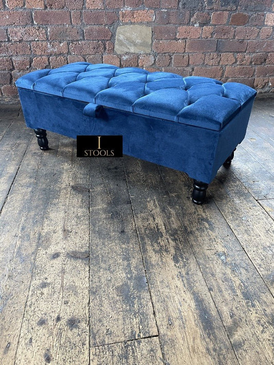 Blue Coffee Table Ottoman Storage Bench | Velvet Blue Chesterfield Footstool - ISTOOLS