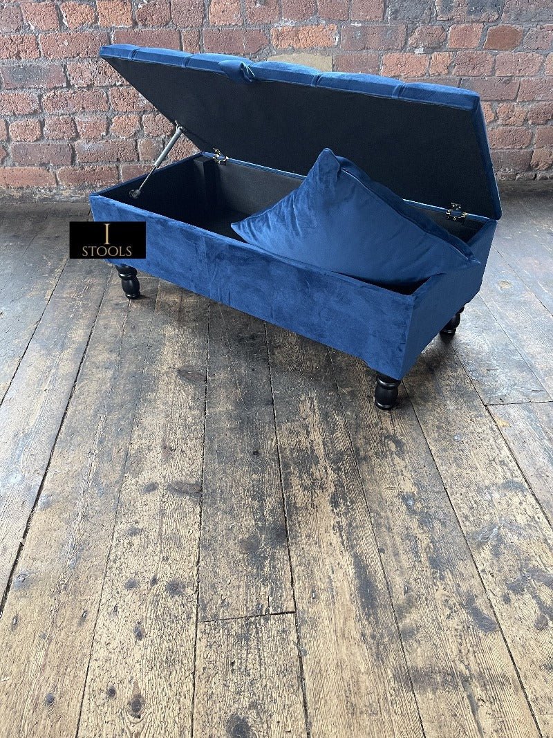 Blue Coffee Table Ottoman Storage Bench | Velvet Blue Chesterfield Footstool - ISTOOLS