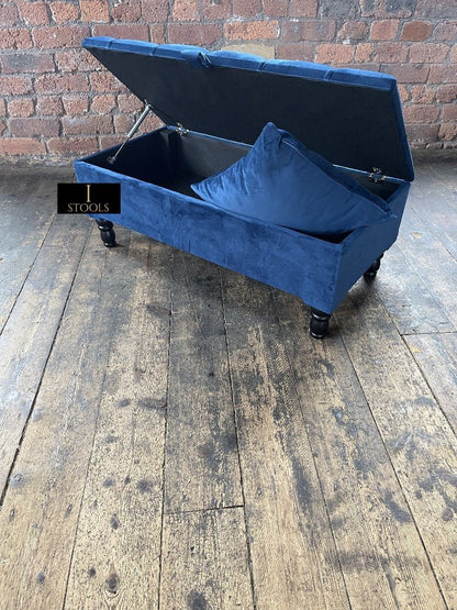 Blue Coffee Table Ottoman Storage Bench | Velvet Blue Chesterfield Footstool - ISTOOLS