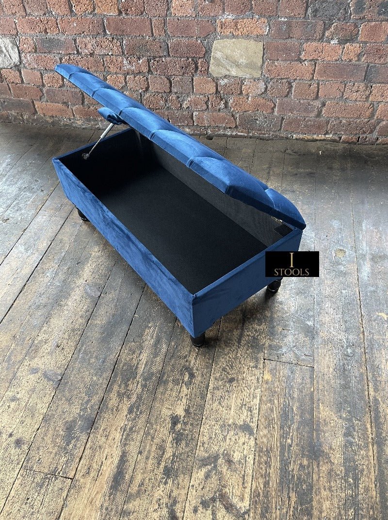 Blue Coffee Table Ottoman Storage Bench | Velvet Blue Chesterfield Footstool - ISTOOLS