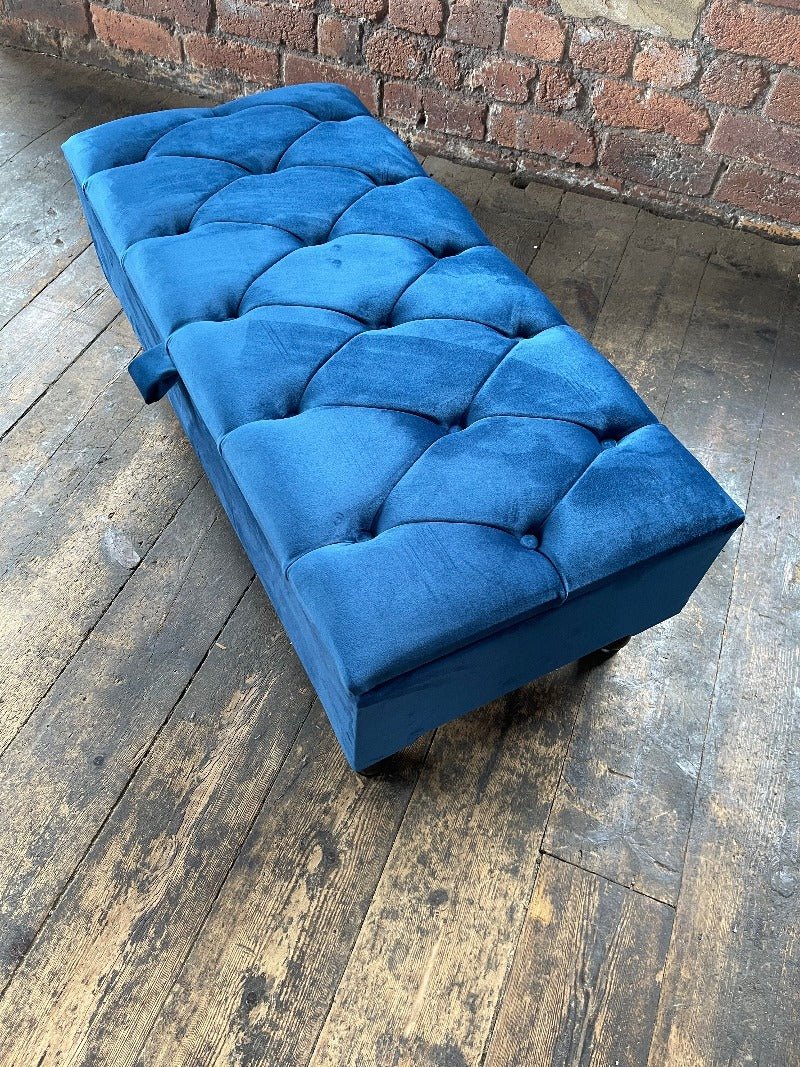 Blue Coffee Table Ottoman Storage Bench | Velvet Blue Chesterfield Footstool - ISTOOLS