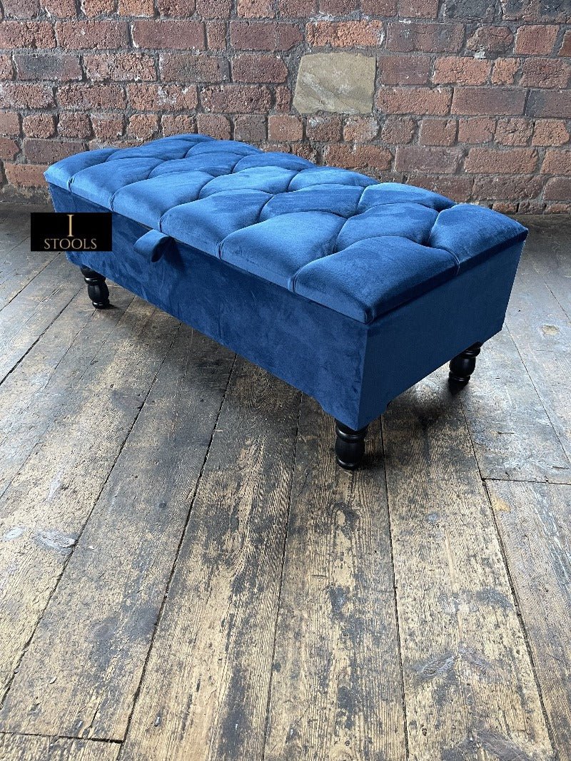 Blue Coffee Table Ottoman Storage Bench | Velvet Blue Chesterfield Footstool - ISTOOLS