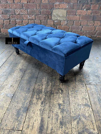 Blue Coffee Table Ottoman Storage Bench | Velvet Blue Chesterfield Footstool - ISTOOLS