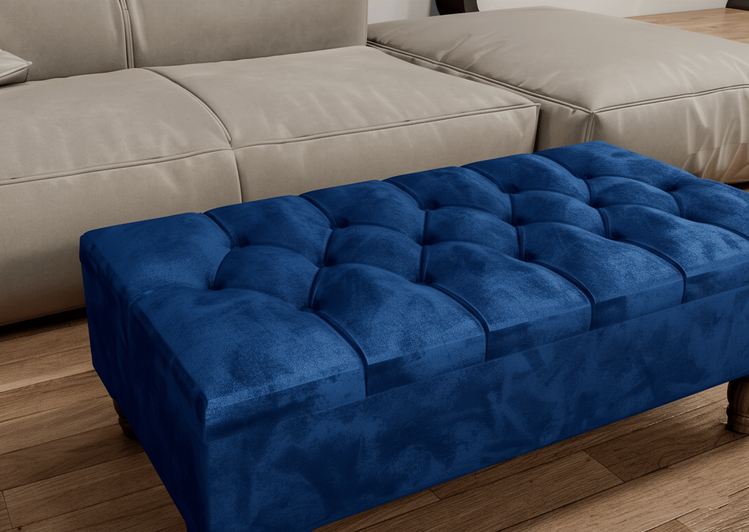 Blue Coffee Table Ottoman Storage Bench | Velvet Blue Chesterfield Footstool - ISTOOLS