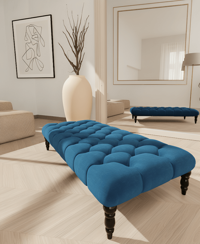 Stylish Blue Chesterfield Coffee Table Ottoman – Soft Velvet Storage Footstool for UK Homes-ISTOOLS