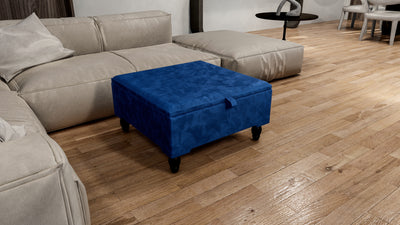 Blue Square Plain Lid Coffee Table Ottoman Storage | Large Blue Velvet Footrest