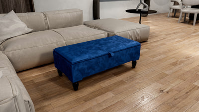 Blue Ottoman Plain Coffee Table Storage Bench | Velvet Blue Plain Footstool | Blue Fabric Living Room Footstool