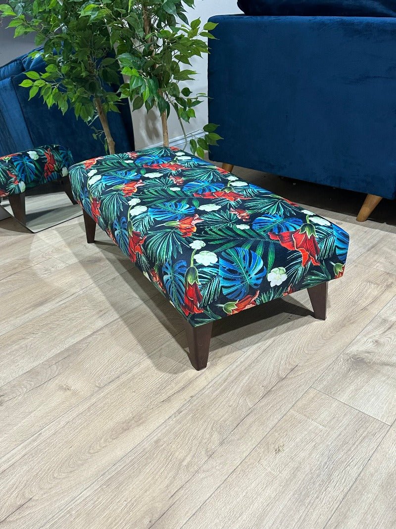 Blue jungle floral footstool pouffe footrest table or coffee table - ISTOOLS
