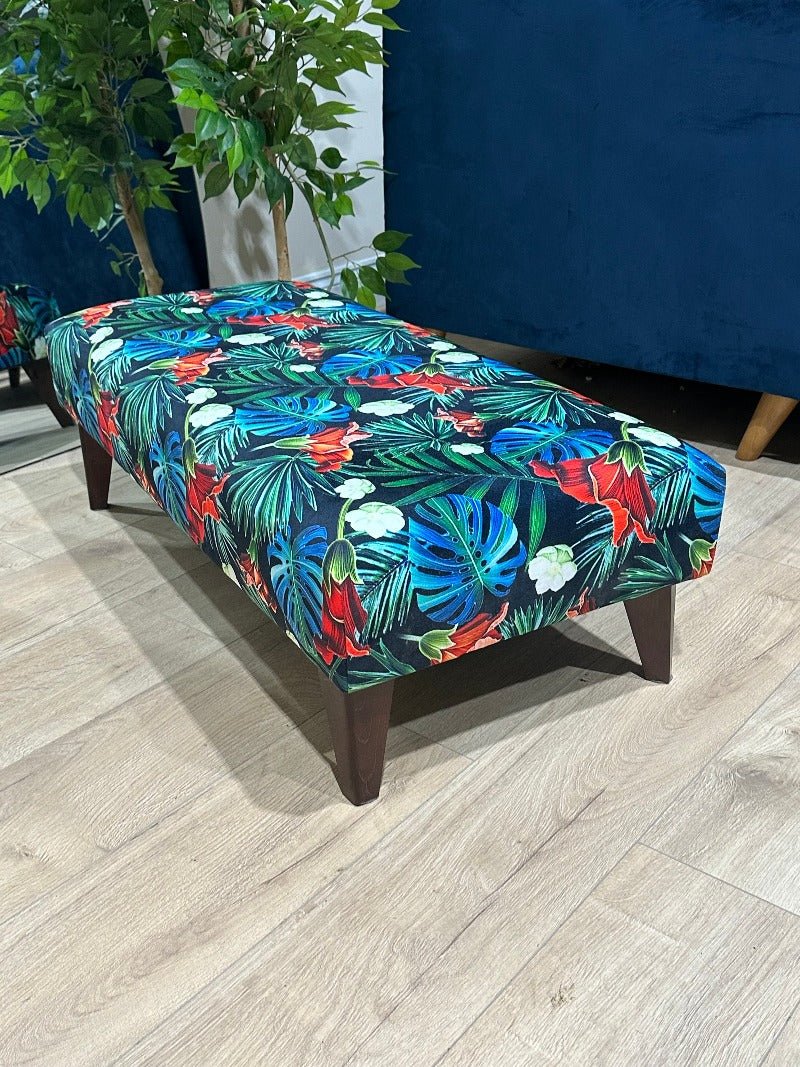 Blue jungle floral footstool pouffe footrest table or coffee table - ISTOOLS
