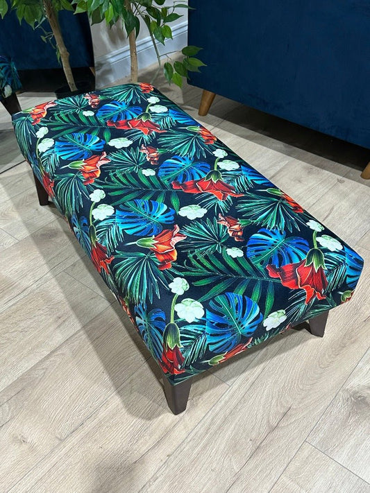 Blue jungle floral footstool pouffe footrest table or coffee table - ISTOOLS