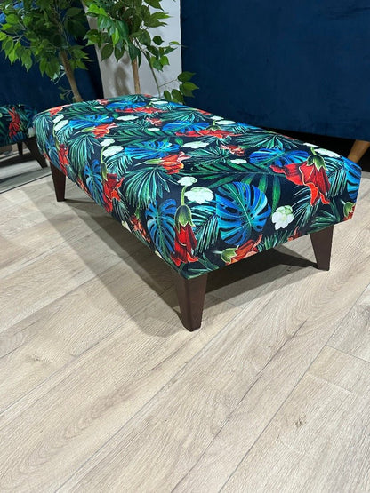Blue jungle floral footstool pouffe footrest table or coffee table - ISTOOLS