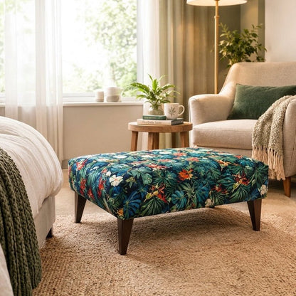 Blue Jungle Floral Ottoman Bench – Multi-Use Footstool & Coffee Table UK Handmade - ISTOOLS