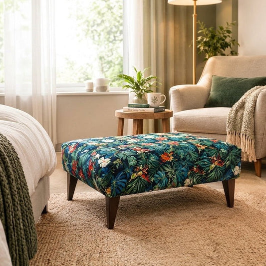 Blue Jungle Floral Ottoman Bench – Multi-Use Footstool & Coffee Table UK Handmade - ISTOOLS