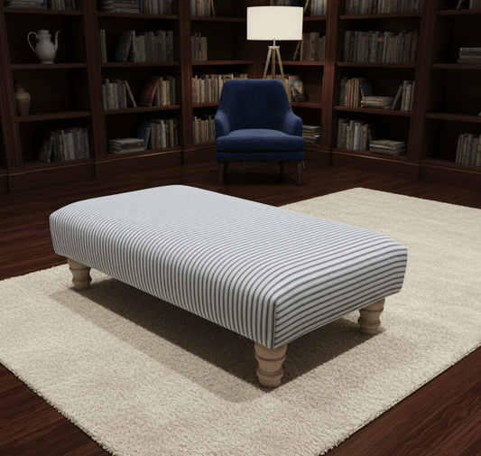 Blue striped upholstered footstool ottoman for living room comfort - ISTOOLS