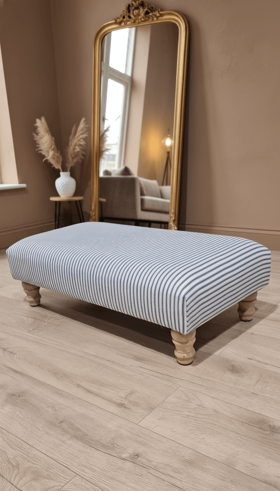 Comfortable UK footrest seat ottoman with stylish blue stripes - ISTOOLS