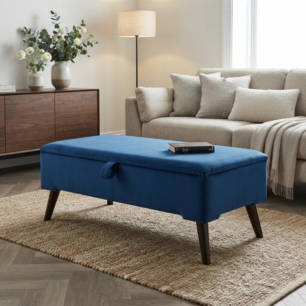 Blue Velvet Ottoman Storage Bench – UK Living Room & Bedroom Storage - ISTOOLS