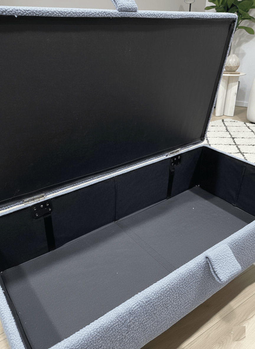 Dark grey boucle upholstered bench with sturdy timber legs - ISTOOLS