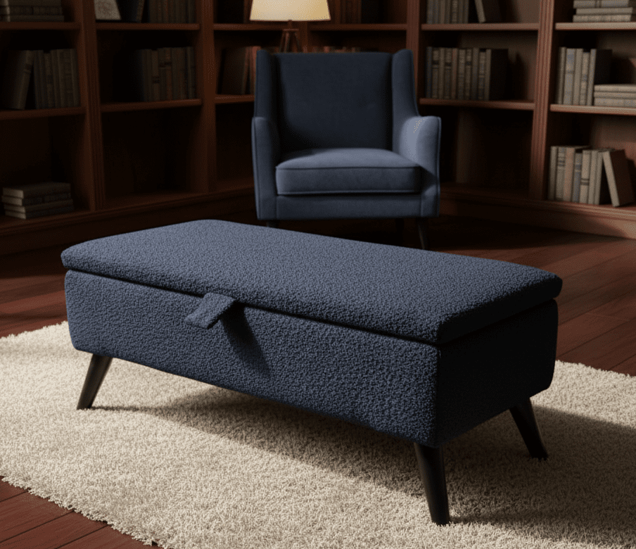 Pink bouclé fabric storage ottoman bench with wooden legs for UK homes - ISTOOLS