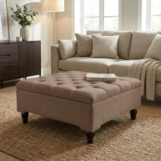 Brown Chesterfield Ottoman Coffee Table with Storage | Square Velvet Footstool UK - ISTOOLS