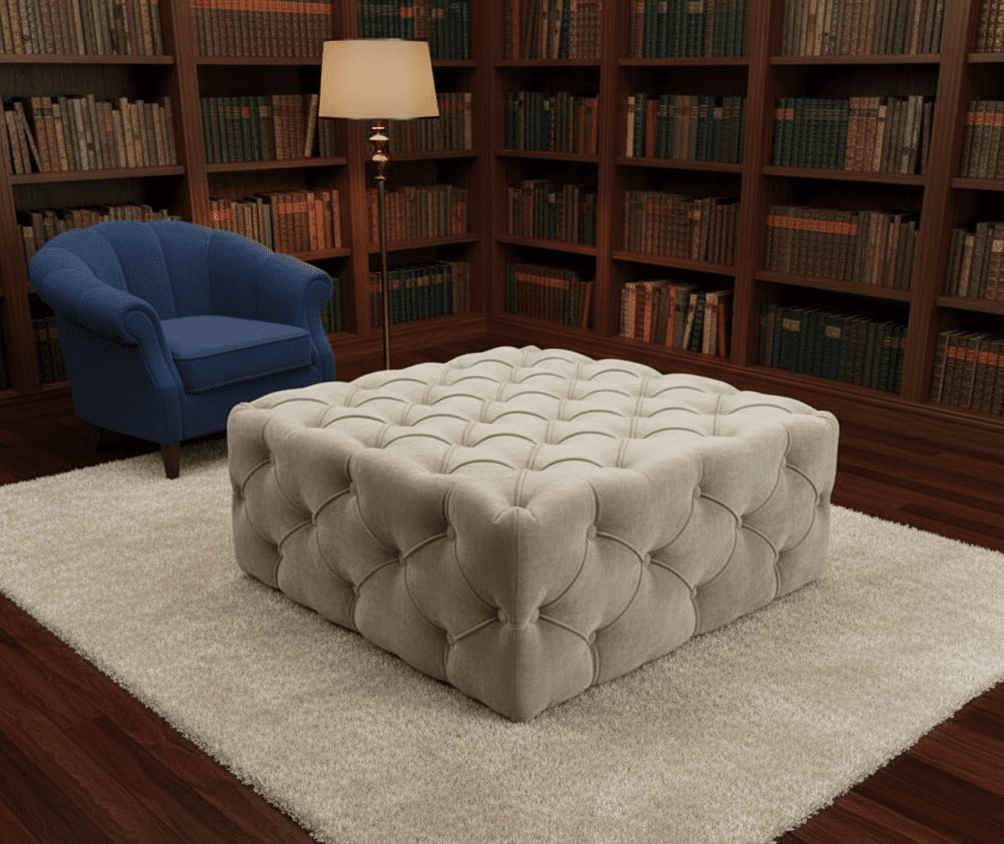 Brown velvet square ottoman coffee table with Chesterfield tufting for UK living rooms - ISTOOLS