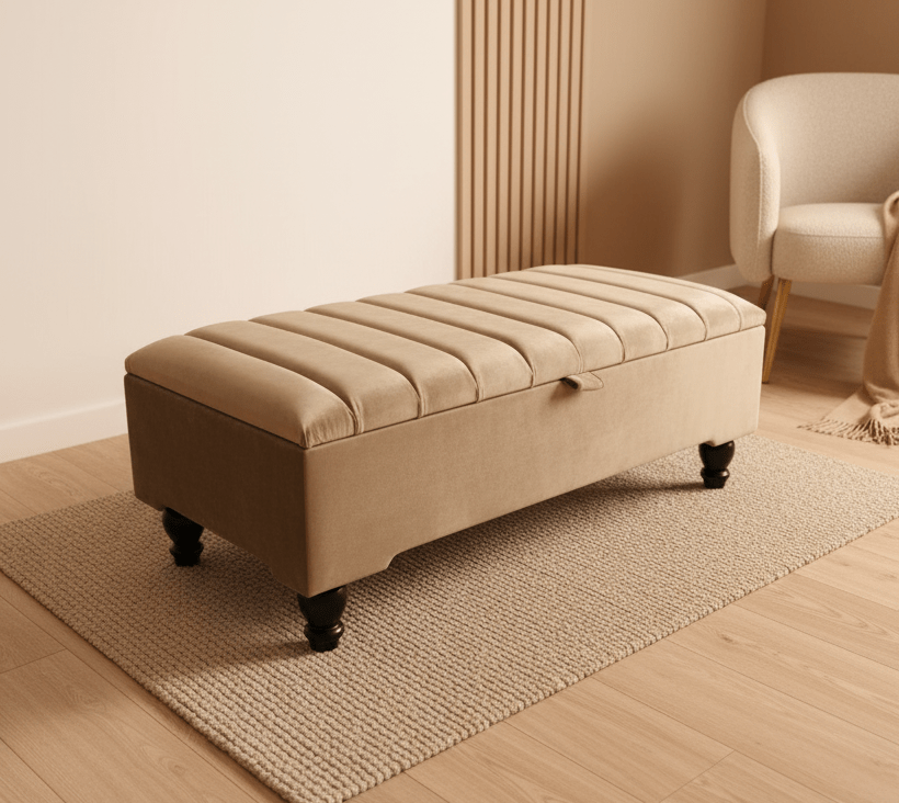 Beige Ottoman Bench with Hidden Storage for Living Room or Bedroom - ISTOOLS