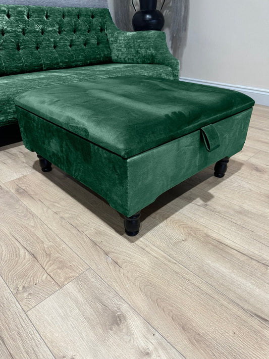 Chesterfield Square Plain Ottoman Storage | Green Velvet Ottoman Footstool - ISTOOLS
