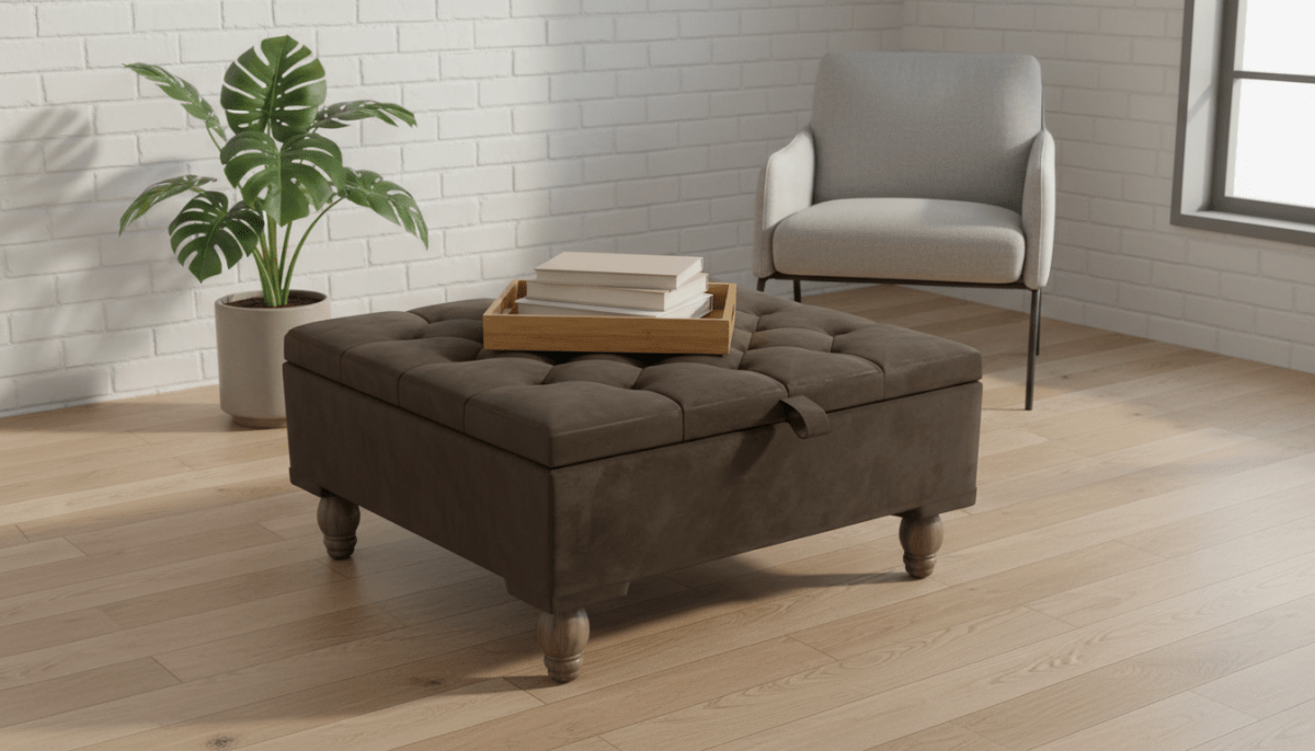 Chesterfield Storage Ottoman Bench UK – Plush Chocolate Velvet Coffee Table with Hidden Storage - ISTOOLS