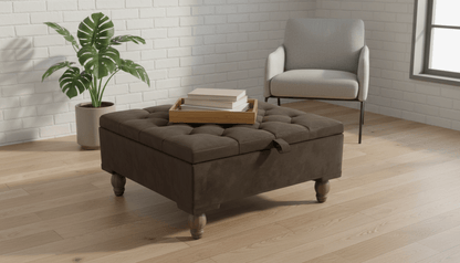 Chesterfield Storage Ottoman Bench UK – Plush Chocolate Velvet Coffee Table with Hidden Storage - ISTOOLS