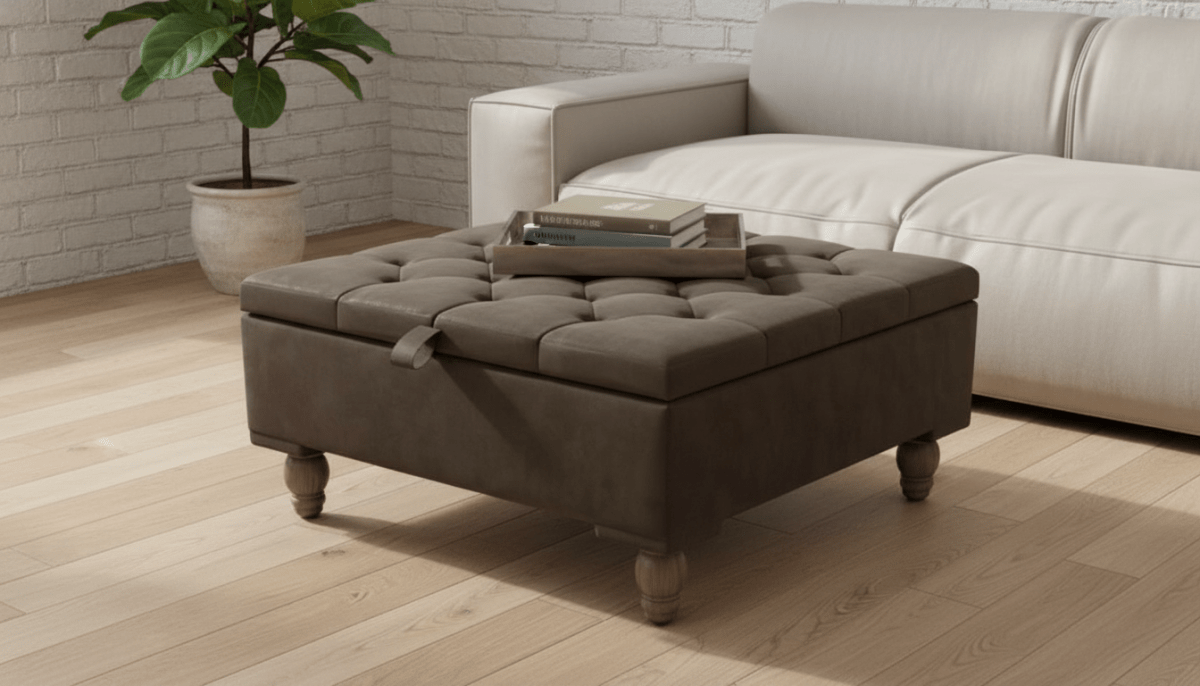 Chesterfield Storage Ottoman Bench UK – Plush Chocolate Velvet Coffee Table with Hidden Storage - ISTOOLS