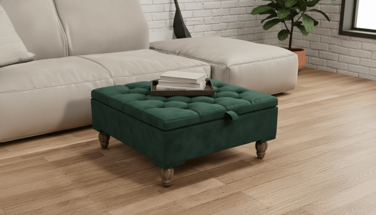 Chesterfield Storage Ottoman Bench UK – Plush Emerald Green Velvet Coffee Table with Hidden Storage - ISTOOLS