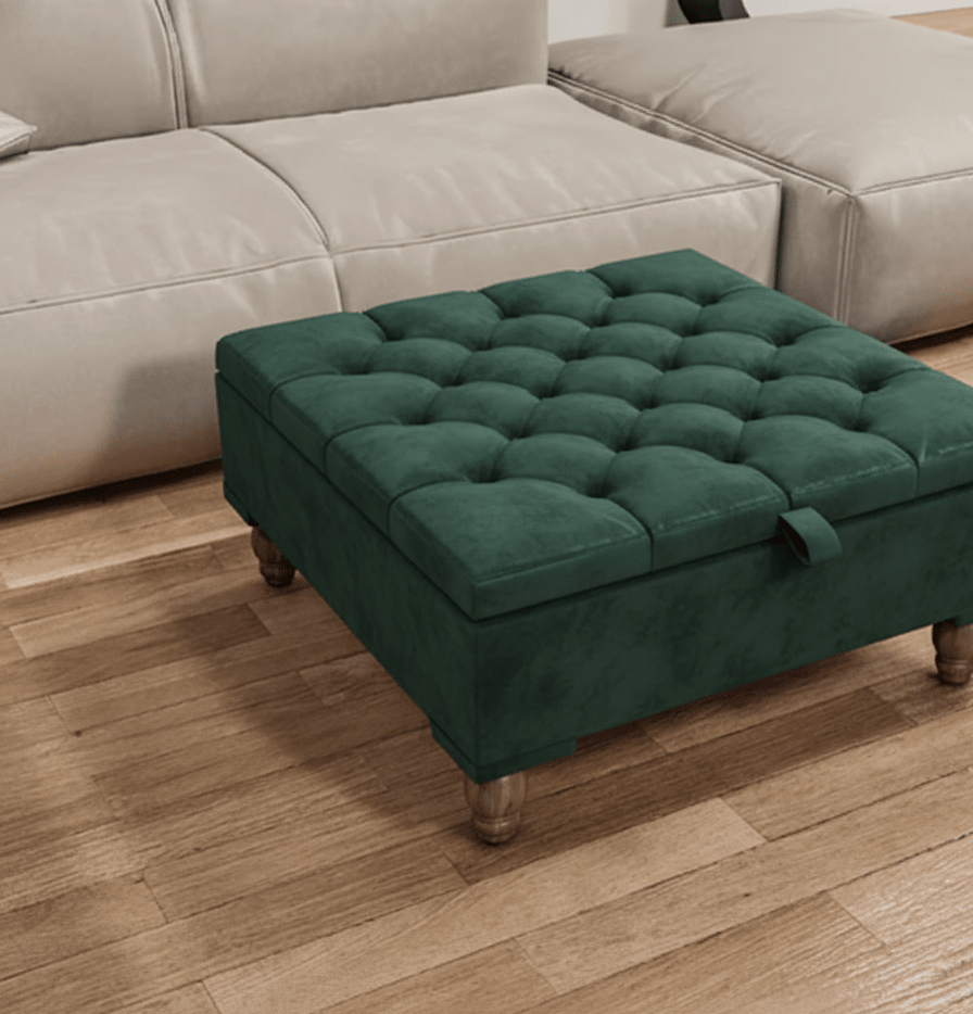 Chesterfield Storage Ottoman Bench UK – Plush Emerald Green Velvet Coffee Table with Hidden Storage - ISTOOLS