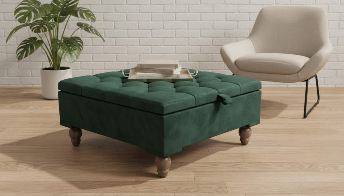 Chesterfield Storage Ottoman Bench UK – Plush Emerald Green Velvet Coffee Table with Hidden Storage - ISTOOLS