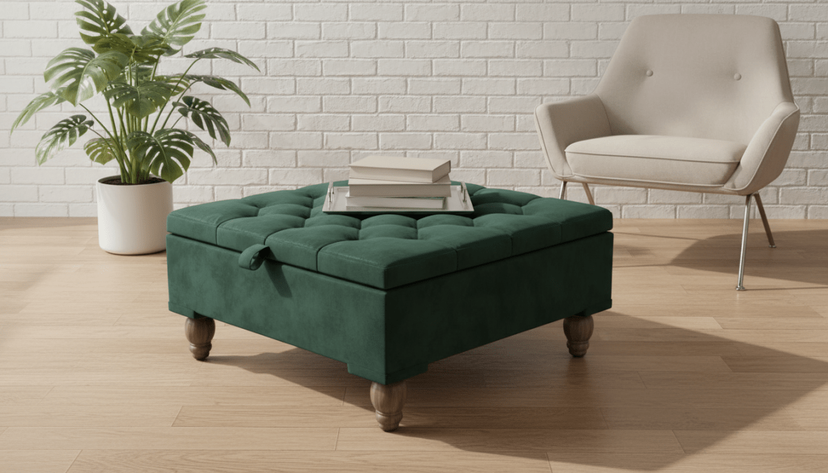 Chesterfield Storage Ottoman Bench UK – Plush Emerald Green Velvet Coffee Table with Hidden Storage - ISTOOLS