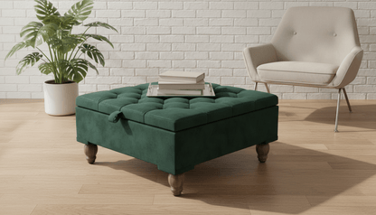 Chesterfield Storage Ottoman Bench UK – Plush Emerald Green Velvet Coffee Table with Hidden Storage - ISTOOLS
