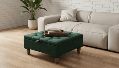 Chesterfield Storage Ottoman Bench UK – Plush Emerald Green Velvet Coffee Table with Hidden Storage - ISTOOLS