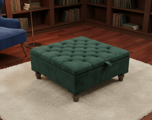 Chesterfield Storage Ottoman Bench UK – Plush Emerald Green Velvet Coffee Table with Hidden Storage - ISTOOLS